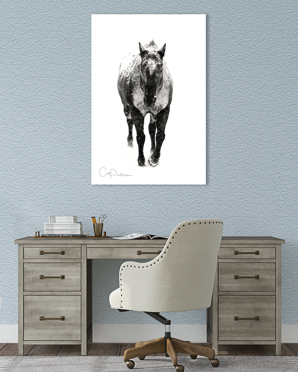 Black and White blanket Appaloosa horse equine walking in a snowstorm. Image hanging over a desk. Livestock. Cat Pentescu Photography