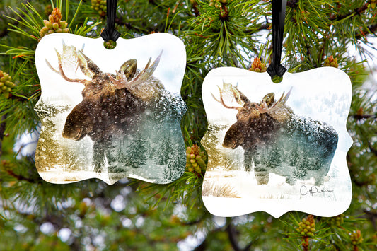 Moose; winter; snow; scenery; hanging two sided ornament / medallion; Cat Pentescu Photography;